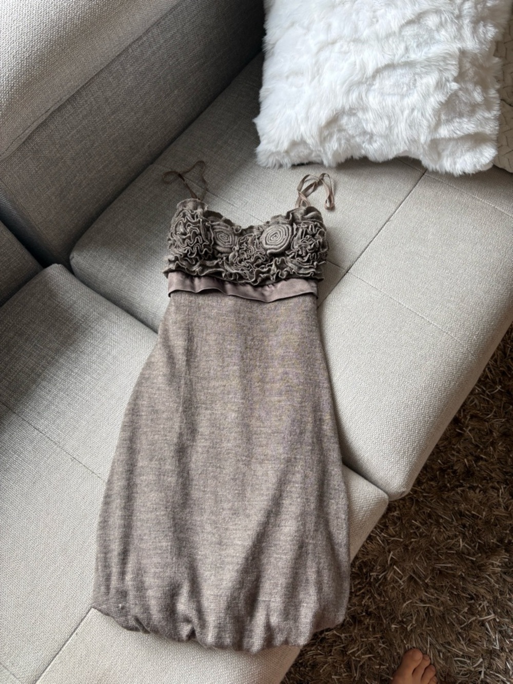 Rinascimento Taupe Brown Knit Dress with Rosette Bodice- made in Italy